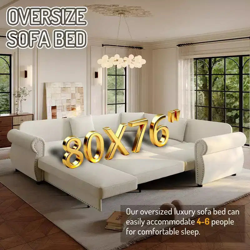 Homy Casa 88 L-förmiges Schlafsofa mit Ausziehbett, Chenille-Polsterung, 5-Sitzer, Beige