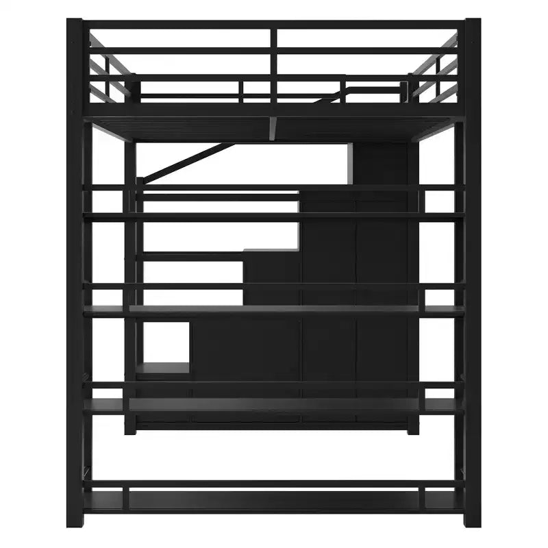 Queen-Size-Metall-Hochbett mit Ablagefächern, Schränken und Kleiderschrank
