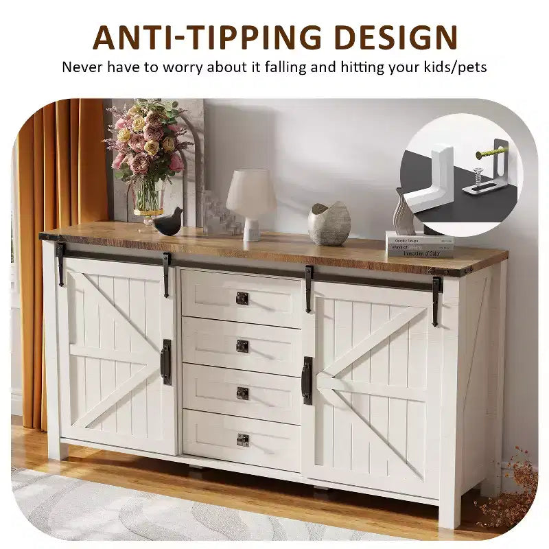 SinCiDo Farmhouse 60-cm-Schminktisch mit verschiebbarer Scheunentür und 4 Schubladen, Schubladenschrank für Wohnzimmer, Schlafzimmer und Kaffeebar