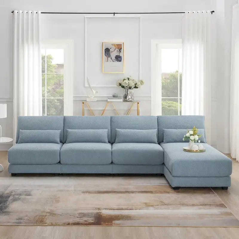 Übergroßes tiefes Ecksofa mit umkehrbarer Ottomane, umstellbares L-förmiges Sofa, Blau