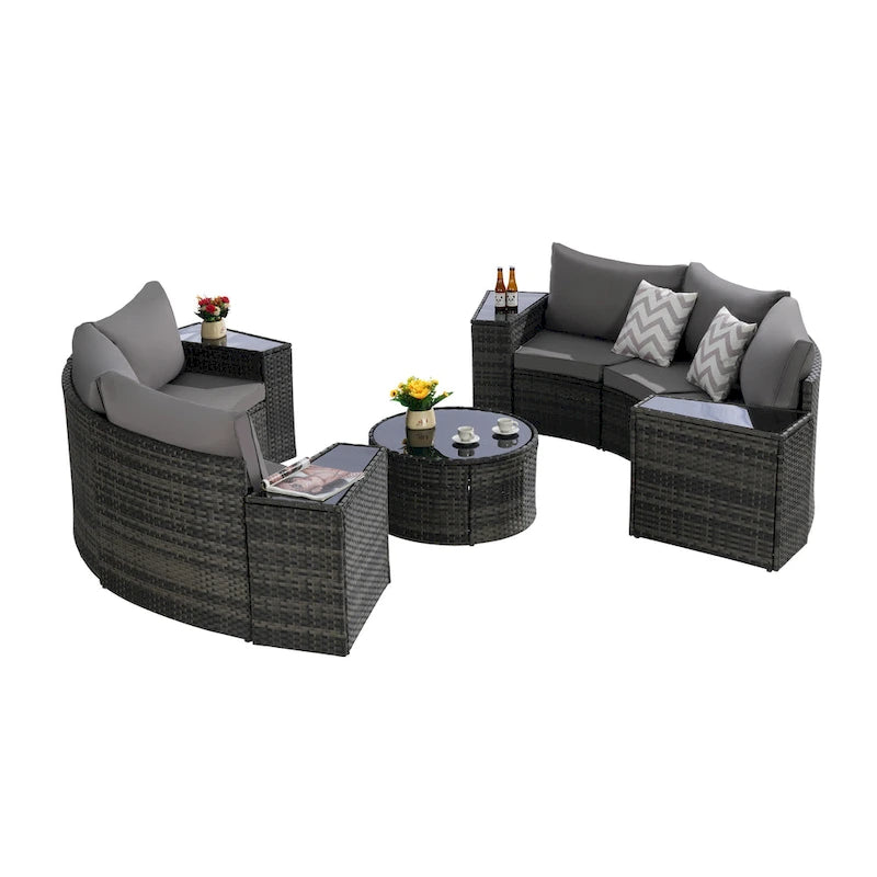 11-teiliges modulares Outdoor-Sofa-Set mit halbrunden Elementen, Couchtisch aus gehärtetem Glas und 4 Beistelltischen
