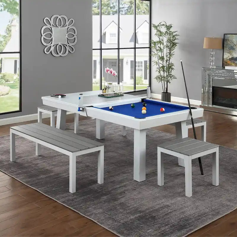 Norwalk Indoor/Outdoor 7-Fuß-Billardtisch in Schieferoptik, Esstischgarnitur für 6 Personen mit 4 Bänken und Zubehör, weißes Finish
