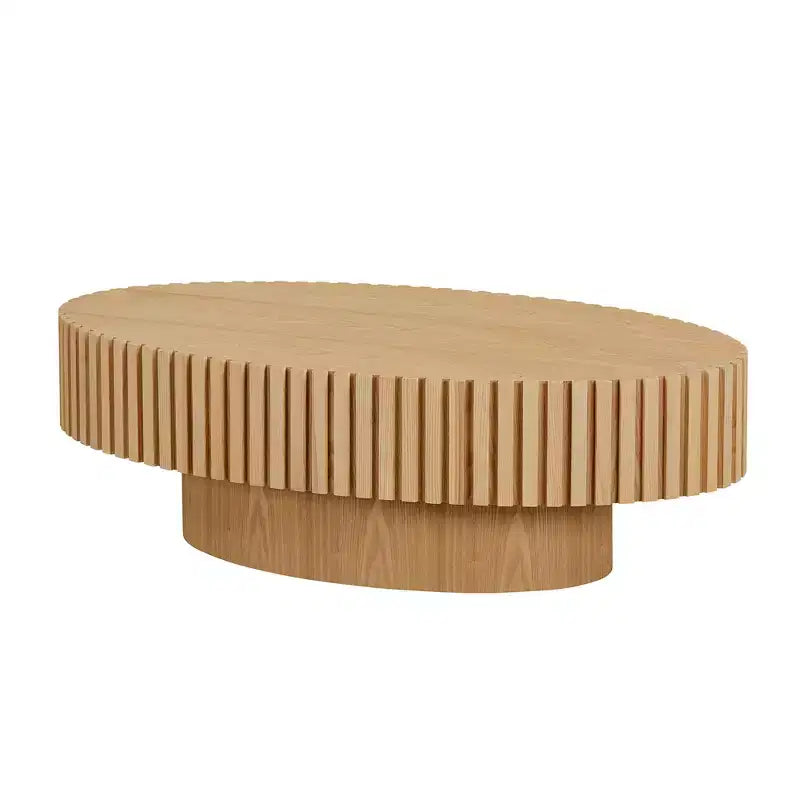 Ovaler/Quadratischer Couchtisch, minimalistischer geriffelter Mitteltisch, Beistelltisch, natürliche Esche/Nussbaum/Mattschwarz – ModernLuxe