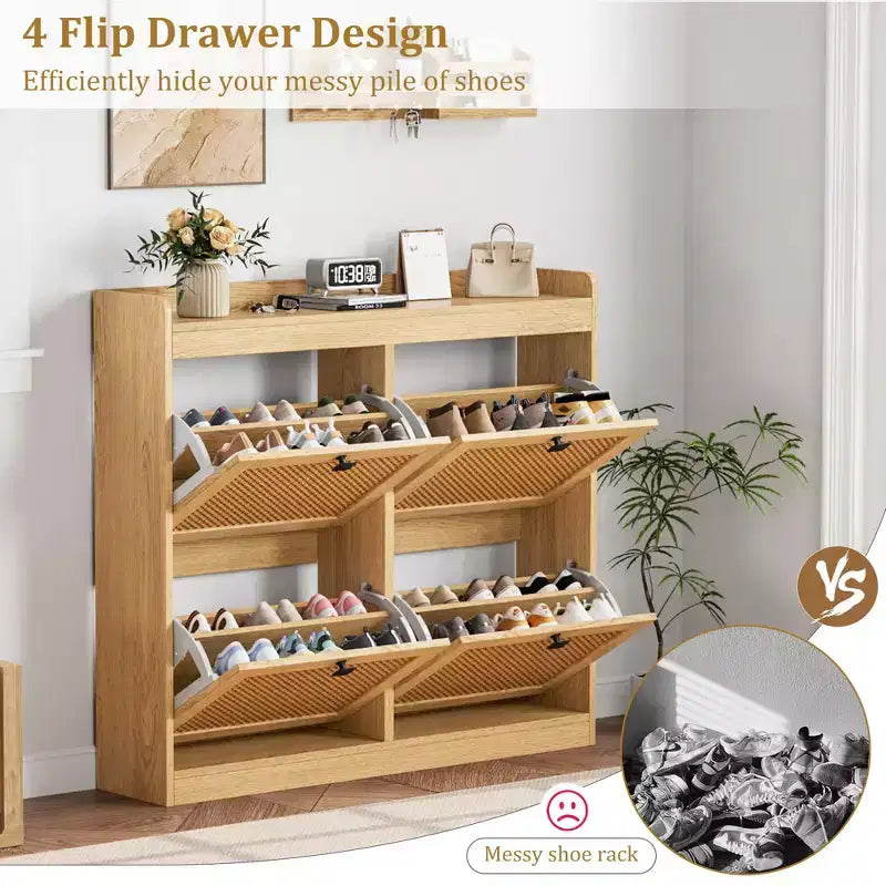 Schuhschrank mit 4 Klappfächern, Schuhschrank aus Holz mit Rattantüren und verstellbaren Einlegeböden – freistehender Schuh-Organizer