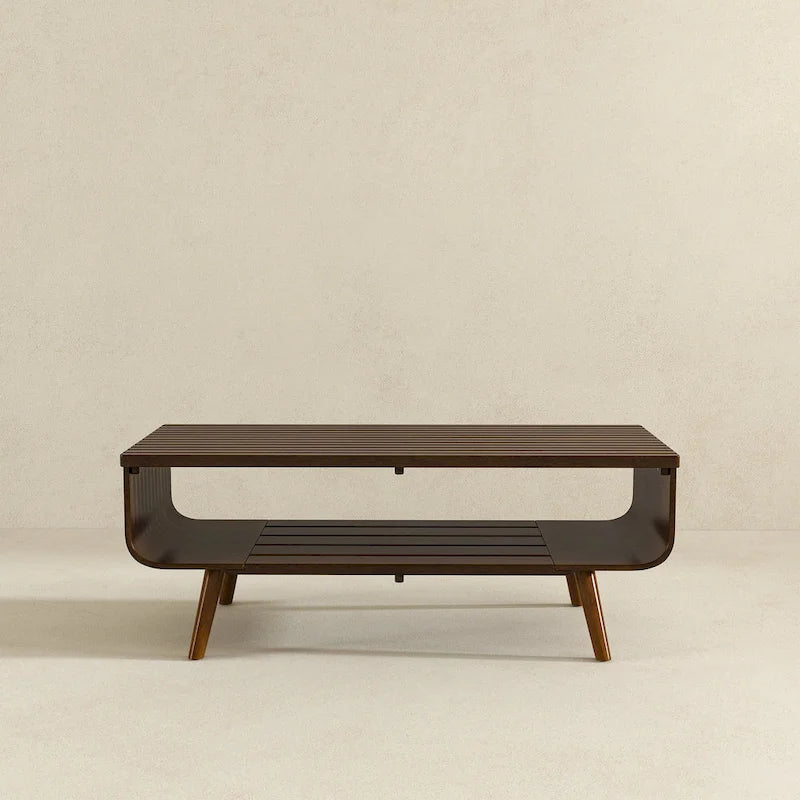 Adelina rechteckiger Couchtisch aus massivem Holz im Mid-Century-Stil in Braun