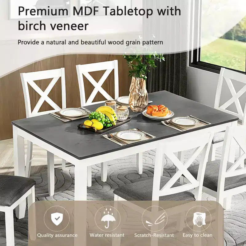 GDFStudio Loren modernes 7-teiliges Esszimmer-Set aus Massivholz mit gepolstertem Tisch und Stühlen