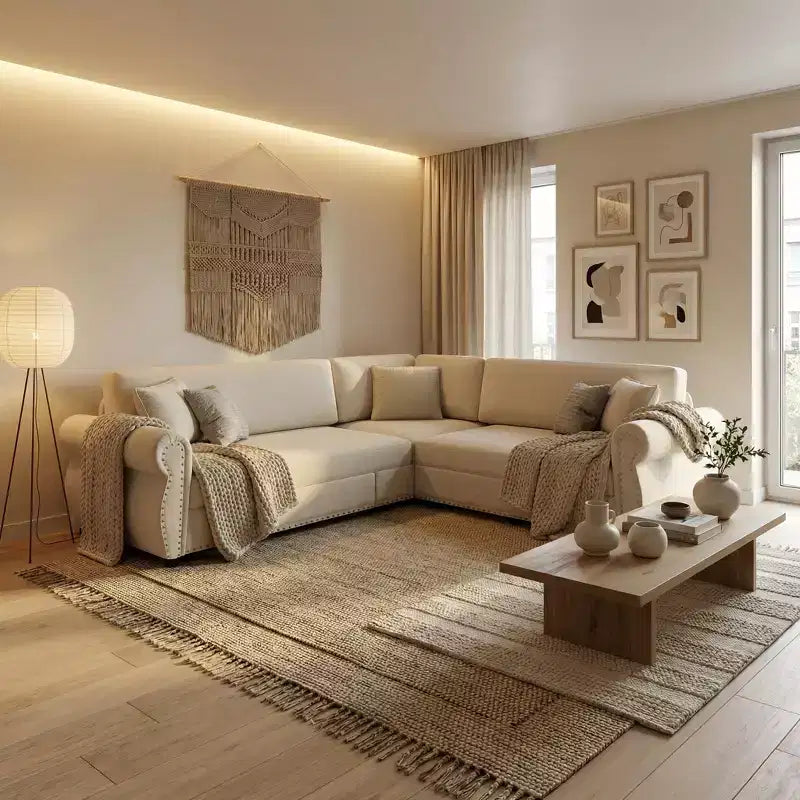 Homy Casa 88 L-förmiges Schlafsofa mit Ausziehbett, Chenille-Polsterung, 5-Sitzer, Beige