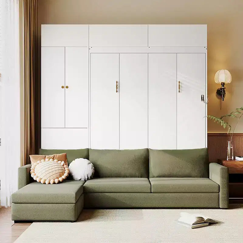 Schrankbett in Queen-Size mit Sofa und Schrank, hölzernes Queen-Size-Schrankbett als Wandbett mit Regalen, klappbares Wand-Schrankbett für Gästezimmer und Büro