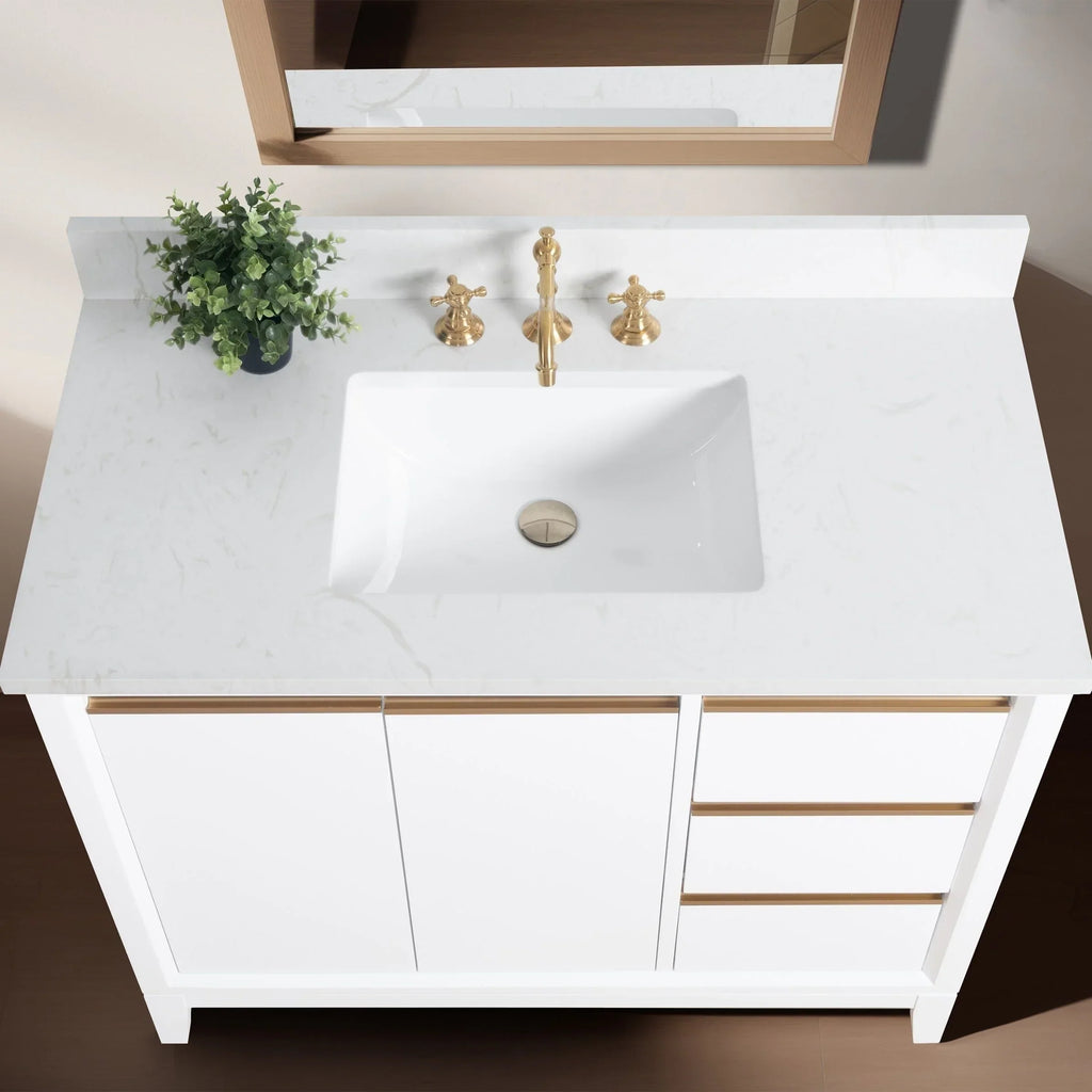 Vanity Art Badezimmerschrank mit Keramikwaschbecken und Platte aus technischem Marmor
