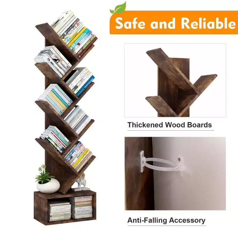Baumförmiges Bücherregal mit 8 Ebenen im rustikalen Stil, ideales offenes Regal für Wohn-, Schlafzimmer und Büros