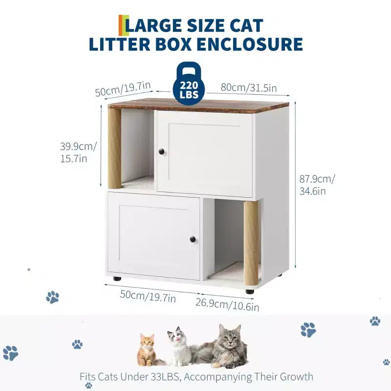 Katzentoiletten-Gehäuse mit zwei Kammern, verstecktes Katzentoiletten-Möbel mit Kratzstämmen und doppellagigen Streumatten für das Zuhause