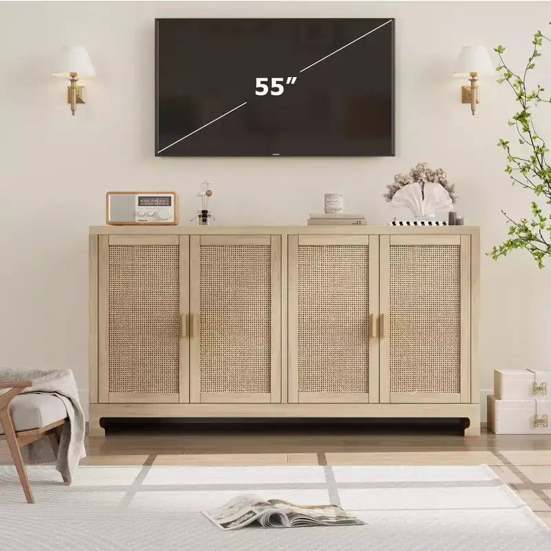 4-türiger Aufbewahrungsschrank aus Geflecht, Buffet-Sideboard mit Ablage, Kaffeebar-Konsole für Küche, Ess- & Wohnzimmer, 36H