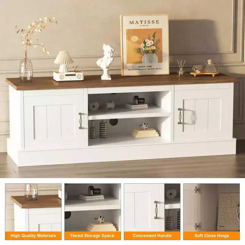 Moderner TV-Schrank für 65-Zoll-Fernseher, rustikales Entertainment-Center aus Holz mit geräumigen Aufbewahrungsschränken, Medienkonsole für Wohnzimmer und Büro
