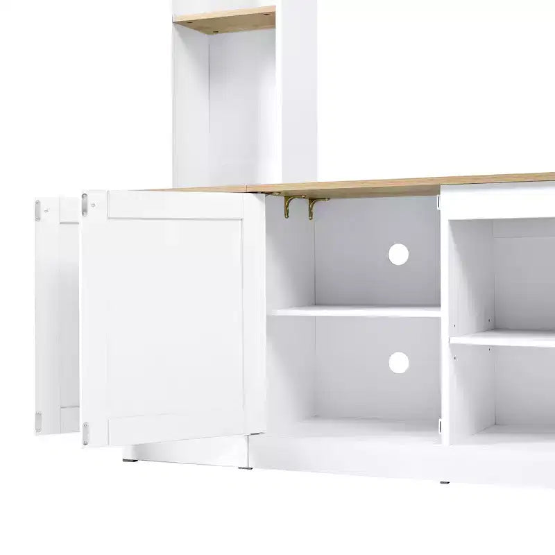 Whisen 91 Medienkonsole, gewölbte Entertainment-Center-Wandkombination im Landhausstil mit Bücherregal, Holzmaserung, für Fernseher bis zu 70 Zoll
