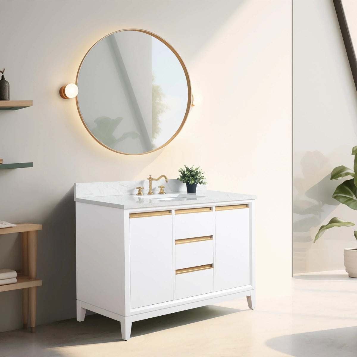 Vanity Art Badezimmerschrank mit Keramikwaschbecken und Platte aus technischem Marmor