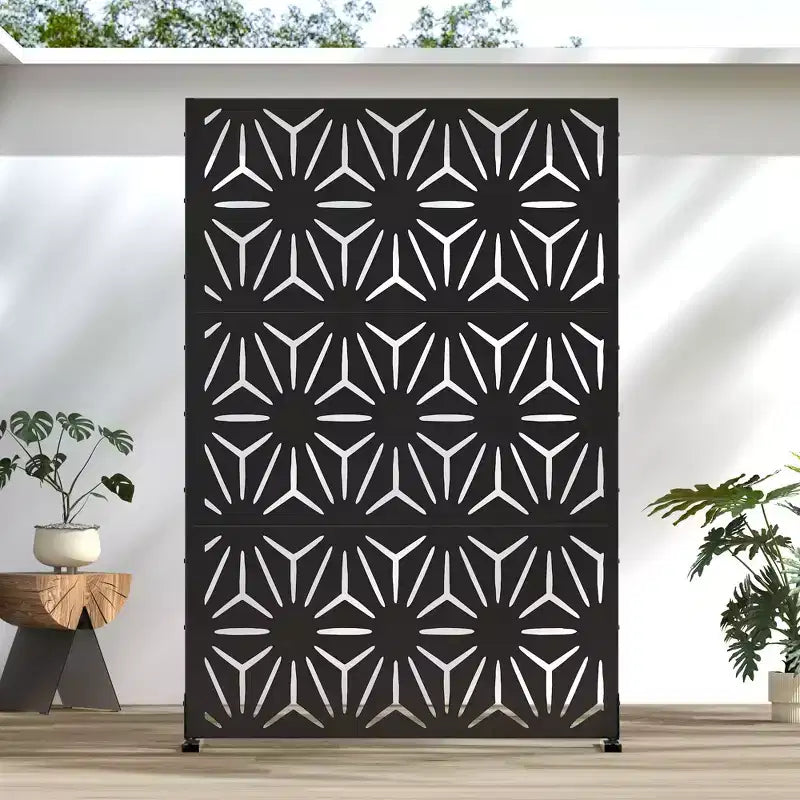 Sternförmiger Sichtschutz aus verzinktem schwarzem Blech, 181,3 × 118,9 cm, freistehend, für den Innen- und Außenbereich, als Sichtschutz und Dekoration für Balkon, Terrasse und Garten