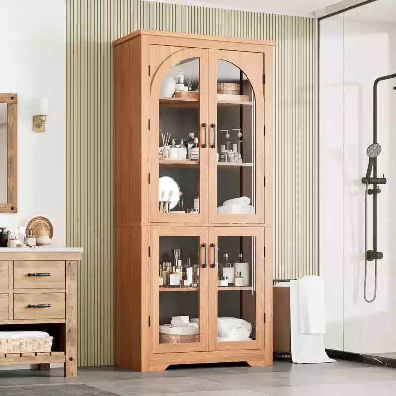 178 cm hoher Küchenschrank, moderner Vitrinenschrank mit 4 gewölbten Glastüren und verstellbaren Einlegeböden, für Küche, Wohnzimmer, Esszimmer, Badezimmer
