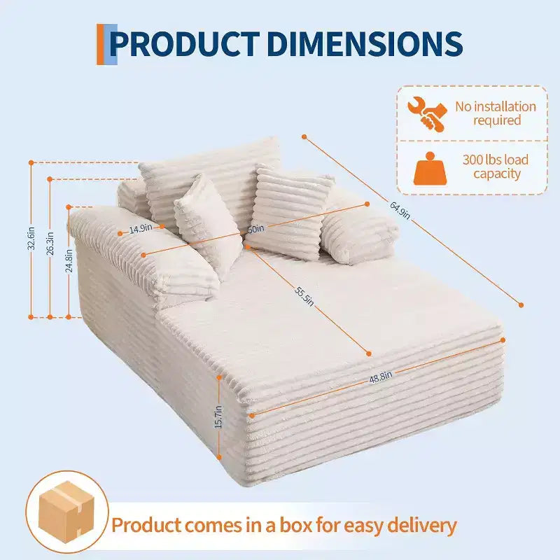 Übergroßes Chaiselongue-Sofa, Cord-Schlafsofa mit Kissen und breiten Armlehnen für Wohnzimmer, Schlafzimmer und Heimkino