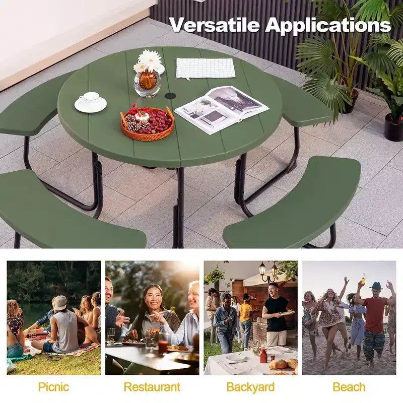 Costway Outdoor 8-Personen-Rund-Picknicktisch-Bank-Set mit 4 Bänken & Sonnenschirmloch Schwarz/Grau/Grün/Weiß