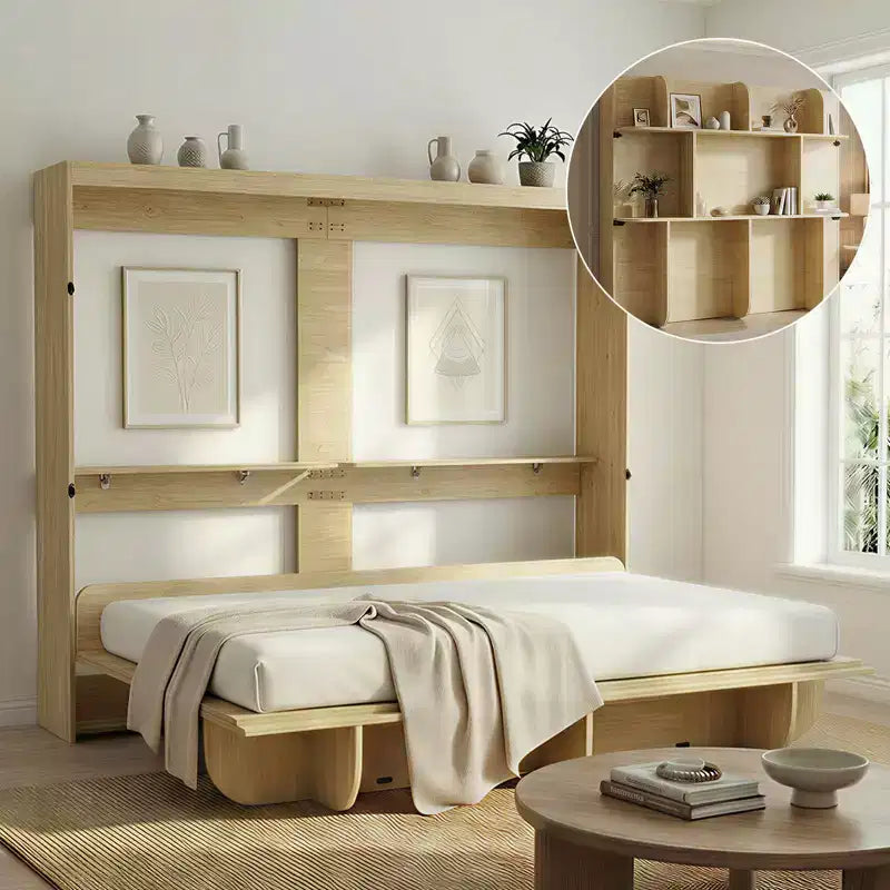 2-in-1 Unsichtbares Murphy-Bett mit Ablagefächern, Queen-Size, Naturholz (Matratze nicht enthalten)