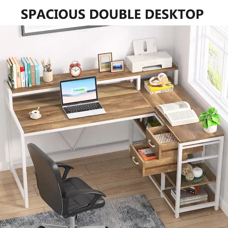 L-förmiger Schreibtisch mit Schublade, Eckschreibtisch für das Home-Office mit Ablagefächern und Monitorständer, rustikaler PC-Tisch für kleine Räume
