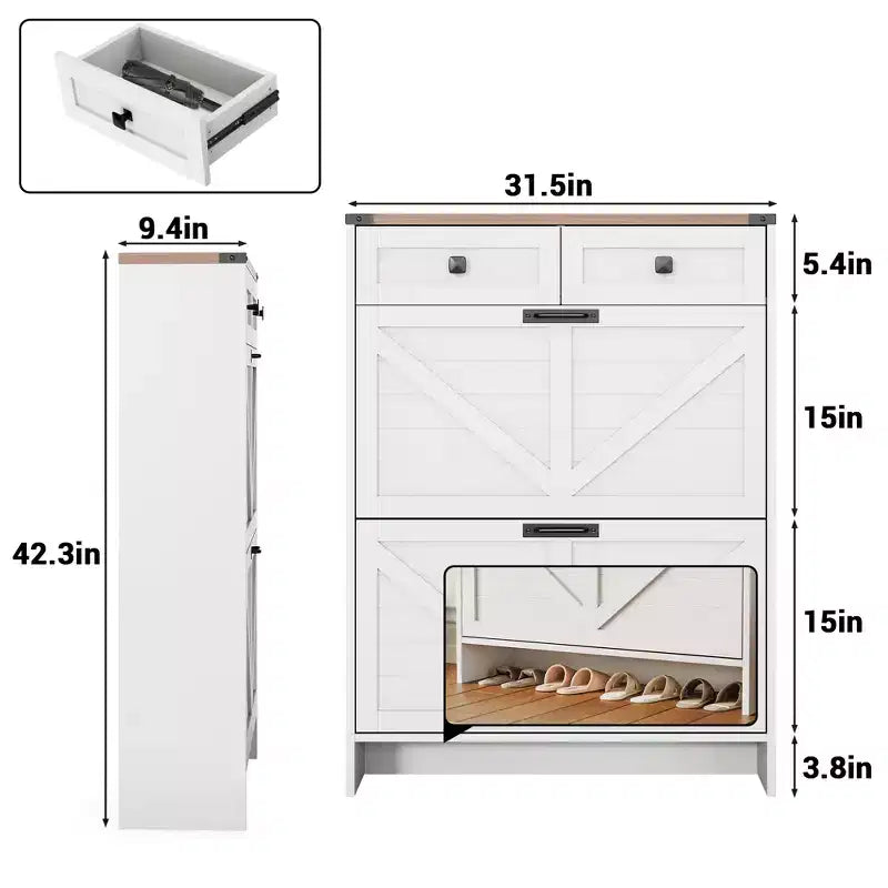 Schlanker Schuhschrank mit 2 Schubladen und 2 Türen, freistehend