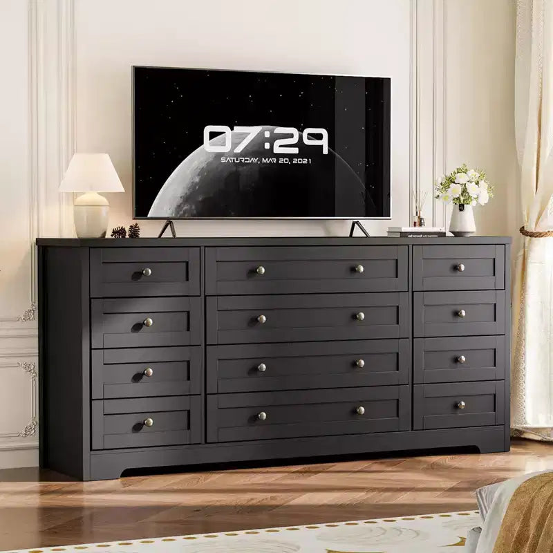 Kommode mit 12 Schubladen für das Schlafzimmer, aus Holz, moderner breiter TV-Ständer für 65-Zoll-Fernseher, Holz-Schubladenkommode, Landhausstil-Kleiderschrank für das Wohnzimmer