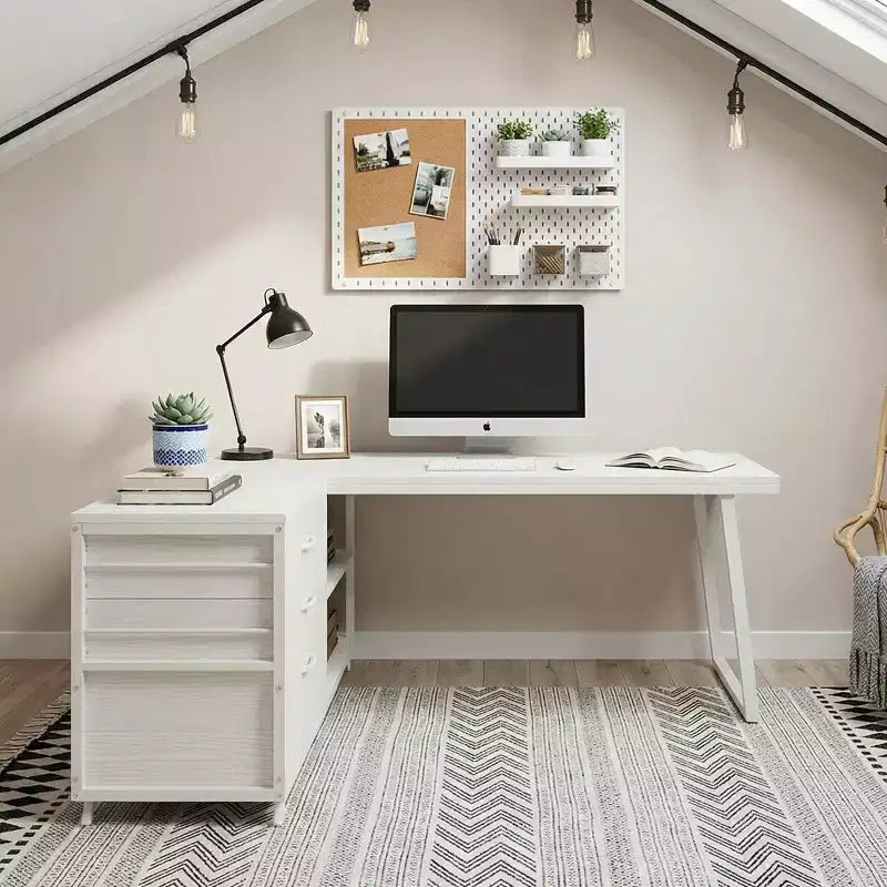 Umkehrbarer L-förmiger Schreibtisch mit 3 Schubladen & offenen Regalen - Rustikales Home Office