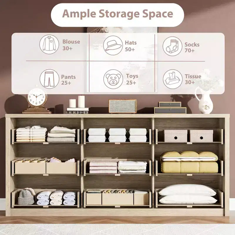 Kommode mit 9 Schubladen für das Schlafzimmer, breiter moderner Schubladenschrank aus Holz mit großem Stauraum, Holzkommode für Wohnzimmer, Flur und Eingangsbereich