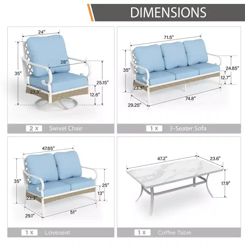 Captiva Designs 5-teiliges extra großes Outdoor-Lounge-Set aus Metall und Rattan mit drehbaren Sesseln mit Gitterrückenlehne und 2-Sitzer-Sofa