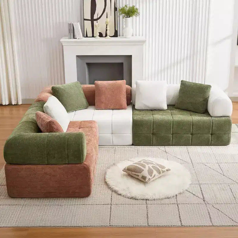 280 cm breites, modulares 4-Sitzer-Sofa aus Chenille im Colorblock-Design mit geschwungenen Armlehnen