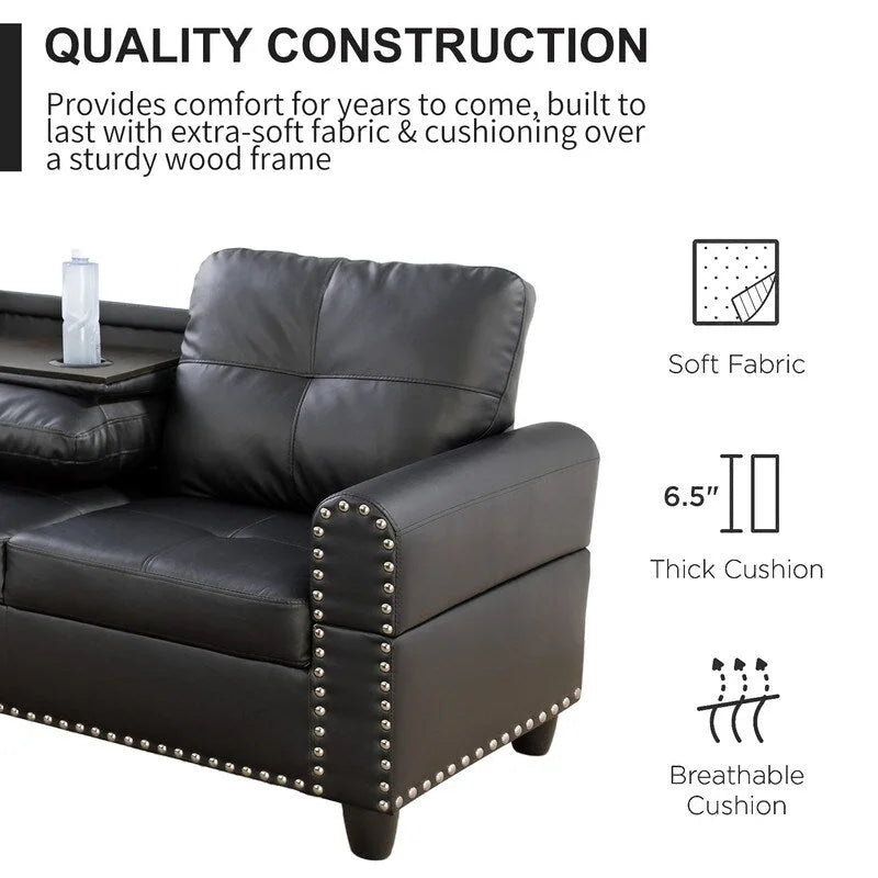 Modernes 3-teiliges Sofa-Set aus schwarzem Kunstleder: Elegantes Design für Wohnzimmer