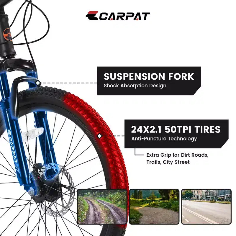 Okak 24 Zoll Mountainbike mit Stahlrahmen, Kinderfahrrad mit Shimano 21-Gang-Schaltung, doppelten Scheibenbremsen und Vordergabel-Federung, Fahrrad für Jugendliche