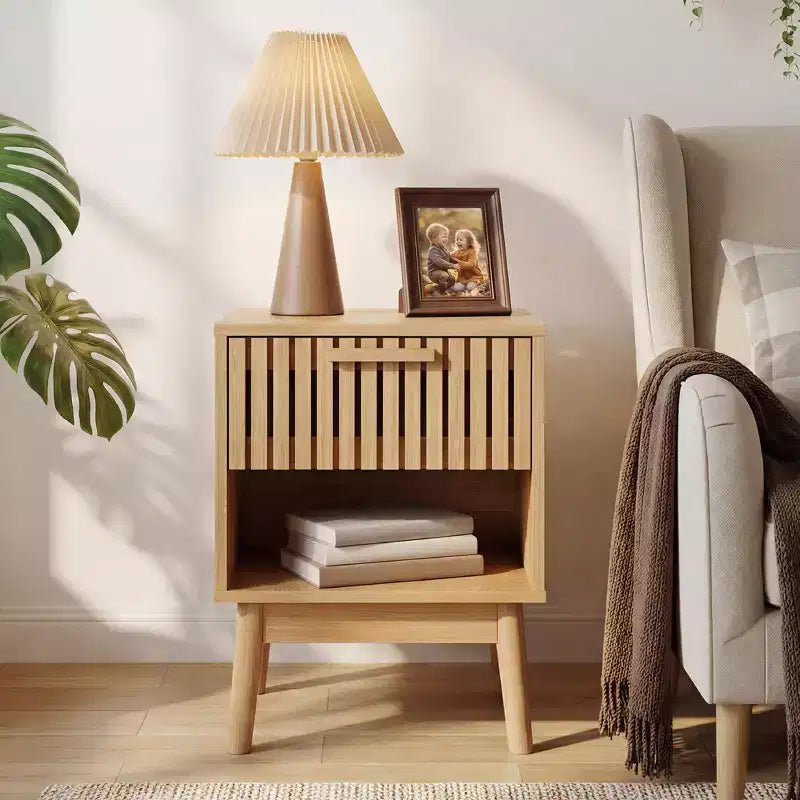 2er-Set Nachttische im Boho-Stil mit gestreifter Schublade und offenem Regal, kompakter Beistelltisch aus Holz fürs Bett, kleiner Beistelltisch für Schlafzimmer und Wohnzimmer