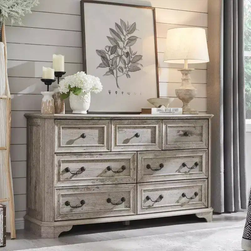 54 Kommode mit 7 Schubladen fürs Schlafzimmer, breite Kommode im Vintage-Rustikalstil für Wohnzimmer und Flur