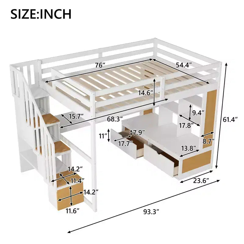 Full-Size-Hochbett mit Treppe und Schreibtisch, Hochbettgestell aus Holz mit Staufächern und Bücherregalen für Erwachsene, Teenager und Kinder