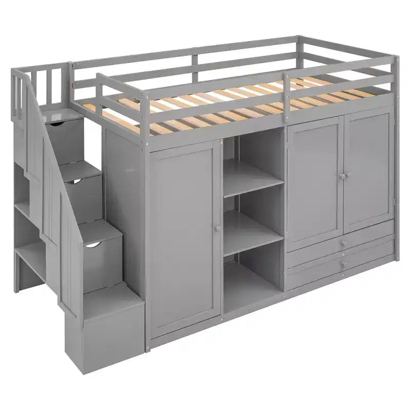93,3 Funktionales Hochbett mit Kleiderschränken, Regalen, Schubladen und Stauraumleiter