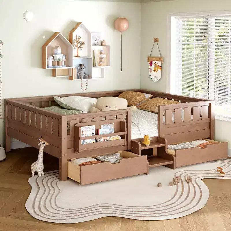 Bellemave Queen-Size-Kleinkindbett mit 14 Sicherheitsgeländern, platzsparender Bettrahmen mit integrierten Bücherregalen & 2 Schubladen unter dem Bett