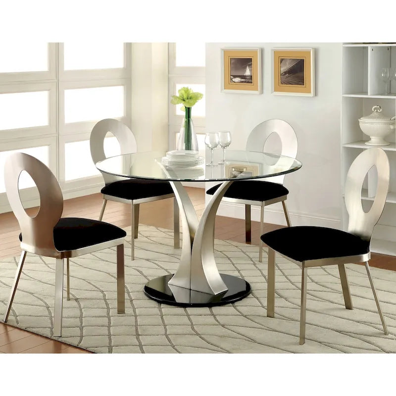 Zaia Zeitgenössisches 5-teiliges rundes Esszimmerset aus silbernem Stahl von Furniture of America