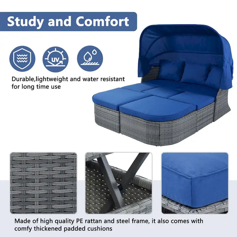 Graues Outdoor-Tagesbett aus Korbgeflecht mit Polstern und ausziehbarem Sonnendach