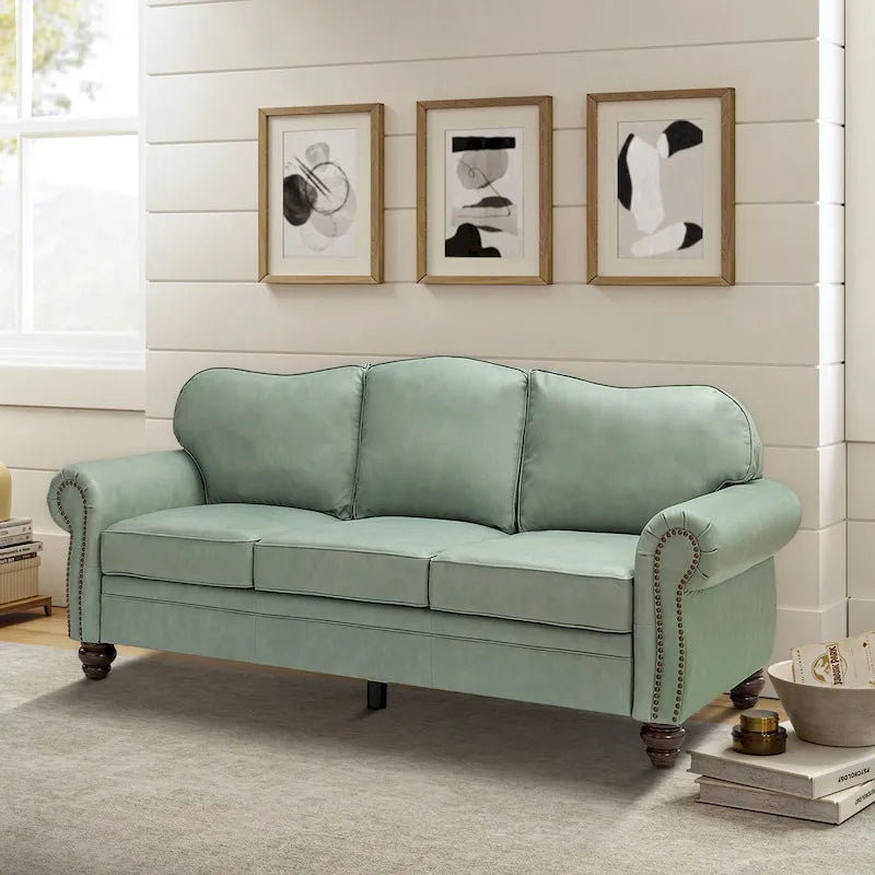 Balvino 81 Zoll breites Übergangs-Sofa aus echtem Leder mit Rollarmlehnen, Nagelkopfbeschlägen und abnehmbaren Kissen