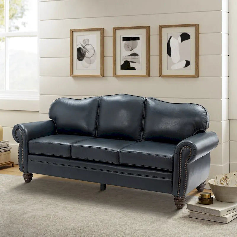 Balvino 81 Zoll breites Übergangs-Sofa aus echtem Leder mit Rollarmlehnen, Nagelkopfbeschlägen und abnehmbaren Kissen