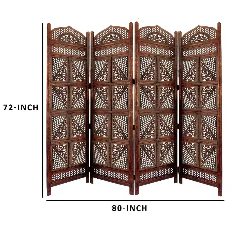 Benzara Traditioneller vierflügeliger Raumteiler aus Holz mit handgeschnitzten Details in Antikbraun