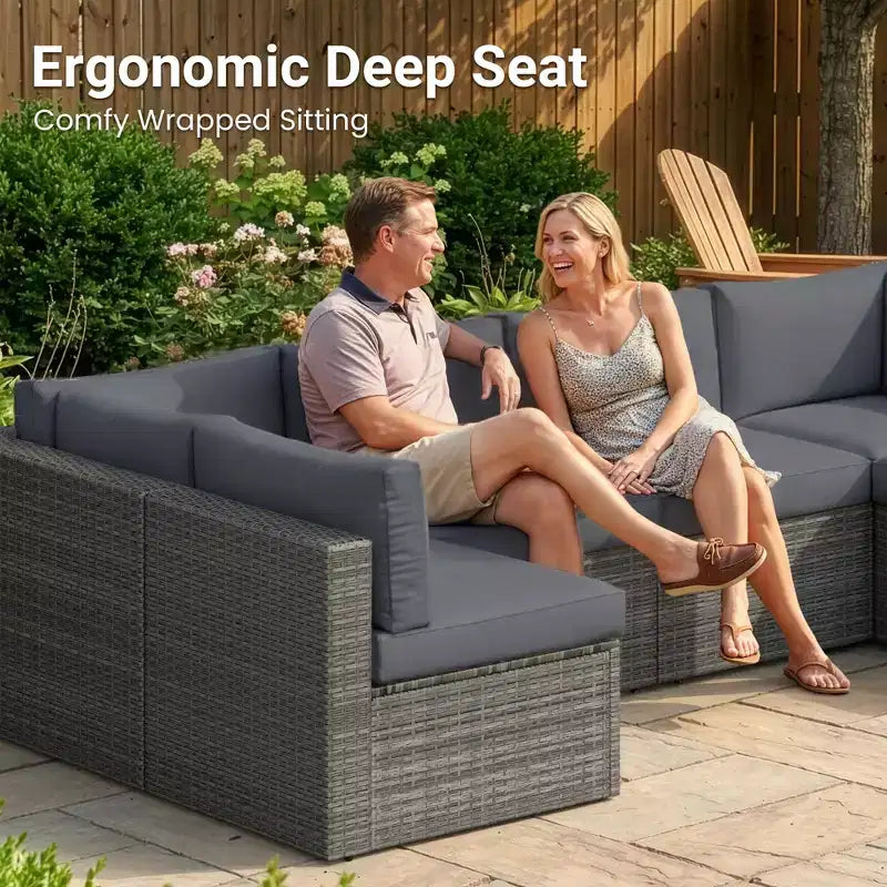 7-teiliges Outdoor-Gartenmöbel-Set, Geflochtene Lounge-Garnituren mit Auflagen und Couchtisch, Modulares Outdoor-Ecksofa