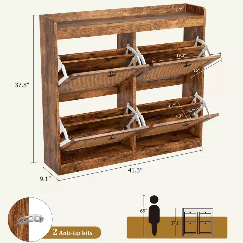 Schuhschrank mit 4 Klappfächern, Schuhschrank aus Holz mit Rattantüren und verstellbaren Einlegeböden – freistehender Schuh-Organizer
