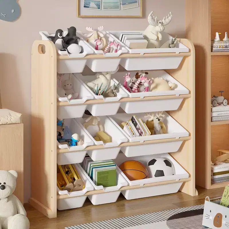 VECELO Kinder-Bücherregal mit Spielzeugaufbewahrung und 12 Körben, Spielzeugregal aus Holz für Kleinkinder, geräumige Spielzimmeraufbewahrung für Bücher oder Spielzeug