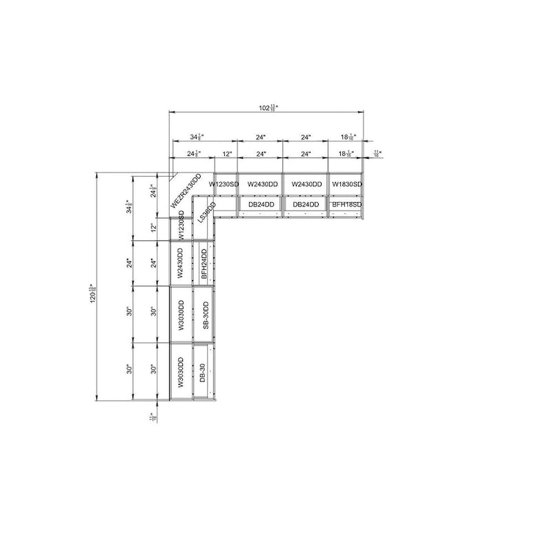 Moderne Küchenkollektion in Schwarz, Grundgröße 10 × 8,5 Fuß, Breite – 102 × 120