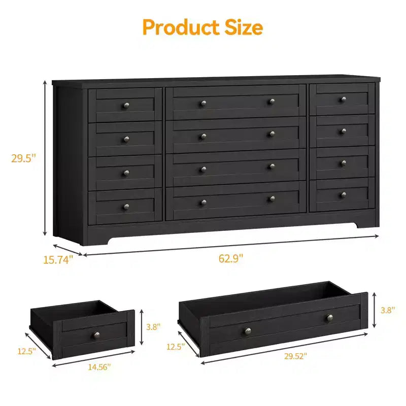 Kommode mit 12 Schubladen für das Schlafzimmer, aus Holz, moderner breiter TV-Ständer für 65-Zoll-Fernseher, Holz-Schubladenkommode, Landhausstil-Kleiderschrank für das Wohnzimmer