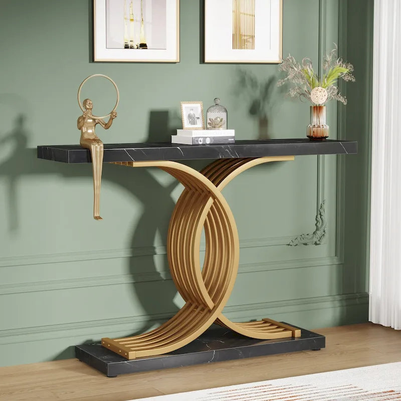 Schwarzer/goldener moderner Konsolentisch mit Marmoroptik-Tischplatte, 99 cm breiter Holztisch für den Eingangsbereich mit geometrischen Metallbeinen