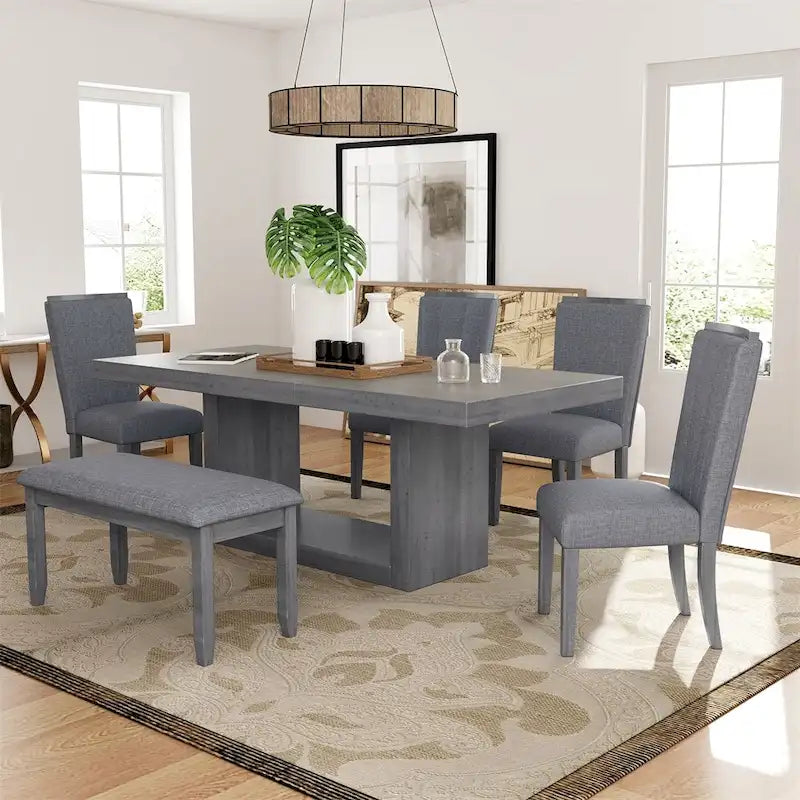 Zeitgenössisches 6-teiliges ausziehbares Säulen-Esszimmertisch-Set (198 cm)